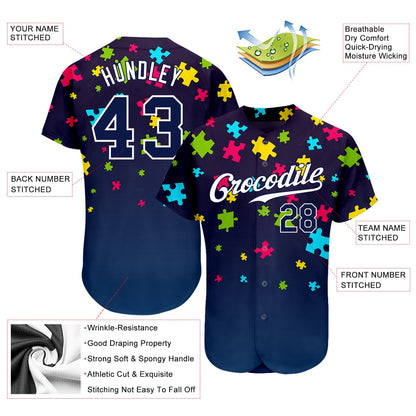 Custom Autism Awareness Puzzle Pieces Navy-White 3D Authentic Baseball Jersey - Sky-Custom