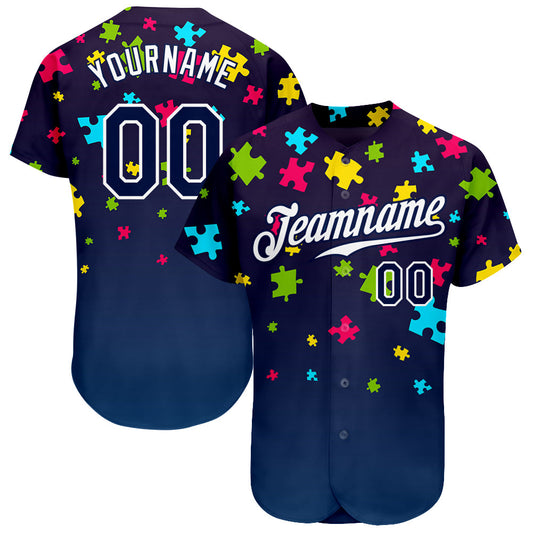 Custom Autism Awareness Puzzle Pieces Navy-White 3D Authentic Baseball Jersey - Sky-Custom