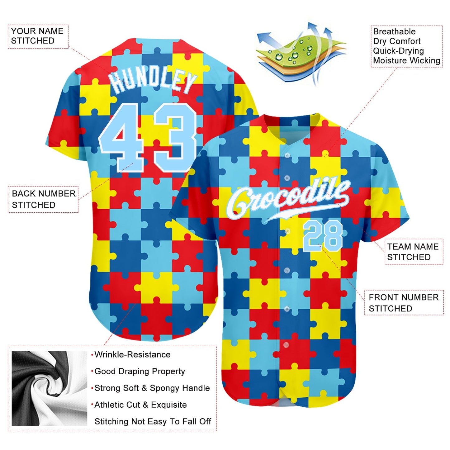Custom Autism Awareness Puzzle Pieces Light Blue-White 3D Authentic Baseball Jersey - Sky-Custom