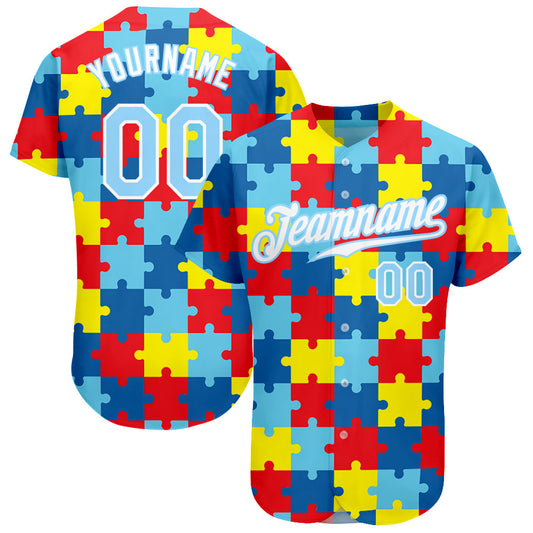Custom Autism Awareness Puzzle Pieces Light Blue-White 3D Authentic Baseball Jersey - Sky-Custom