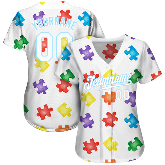 Custom Autism Awareness Puzzle Pieces White-Light Blue 3D Authentic Baseball Jersey - Sky-Custom