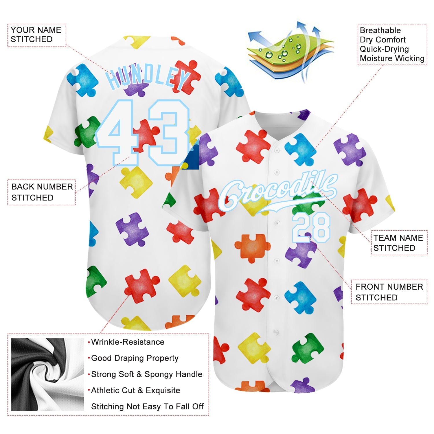 Custom Autism Awareness Puzzle Pieces White-Light Blue 3D Authentic Baseball Jersey - Sky-Custom