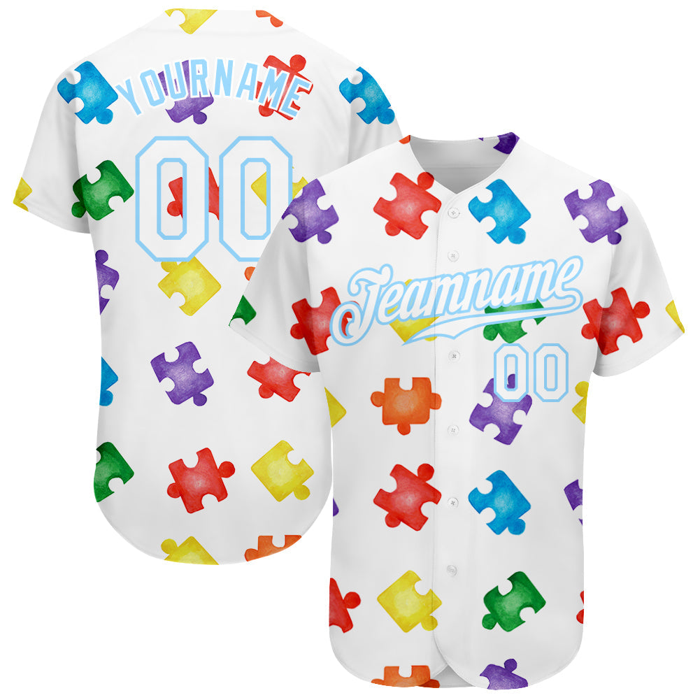 Custom Autism Awareness Puzzle Pieces White-Light Blue 3D Authentic Baseball Jersey - Sky-Custom