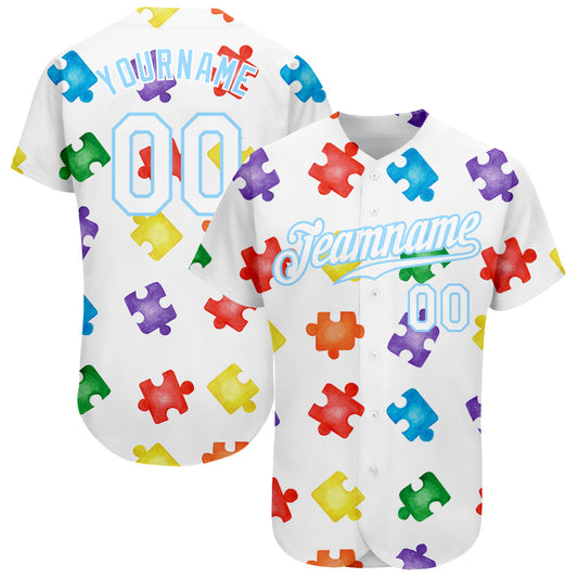 Custom Autism Awareness Puzzle Pieces White-Light Blue 3D Authentic Baseball Jersey - Sky-Custom