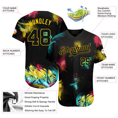 Custom Graffiti Pattern Black-Gold 3D Authentic Baseball Jersey - Sky-Custom