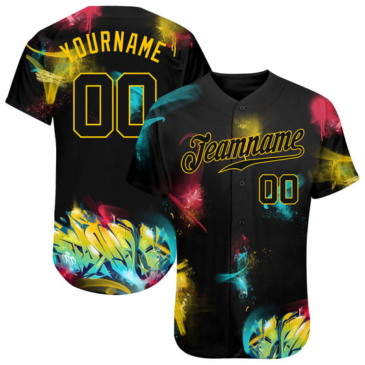 Custom Graffiti Pattern Black-Gold 3D Authentic Baseball Jersey - Sky-Custom