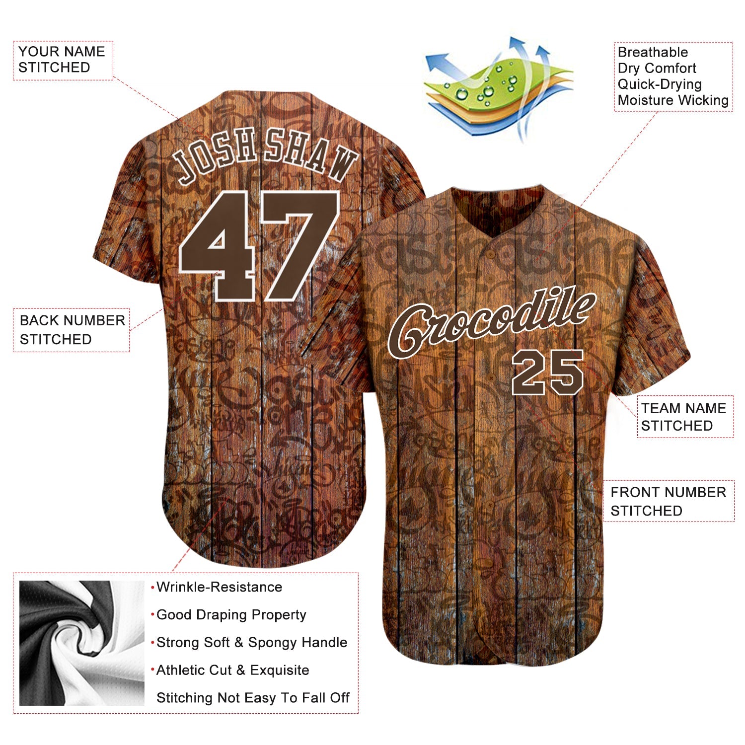 Custom Graffiti Pattern Brown-White 3D Wood Authentic Baseball Jersey - Sky-Custom