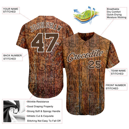 Custom Graffiti Pattern Brown-White 3D Wood Authentic Baseball Jersey - Sky-Custom