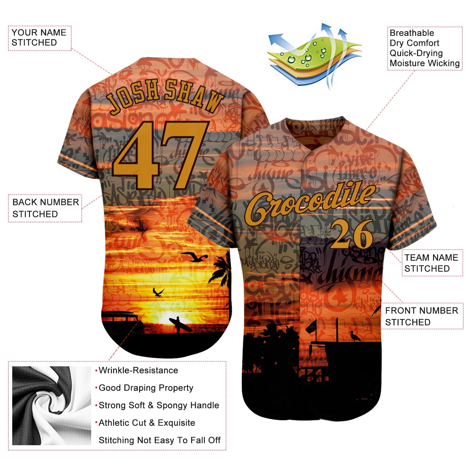 Custom Graffiti Pattern Gold-Brown 3D Beach Authentic Baseball Jersey - Sky-Custom