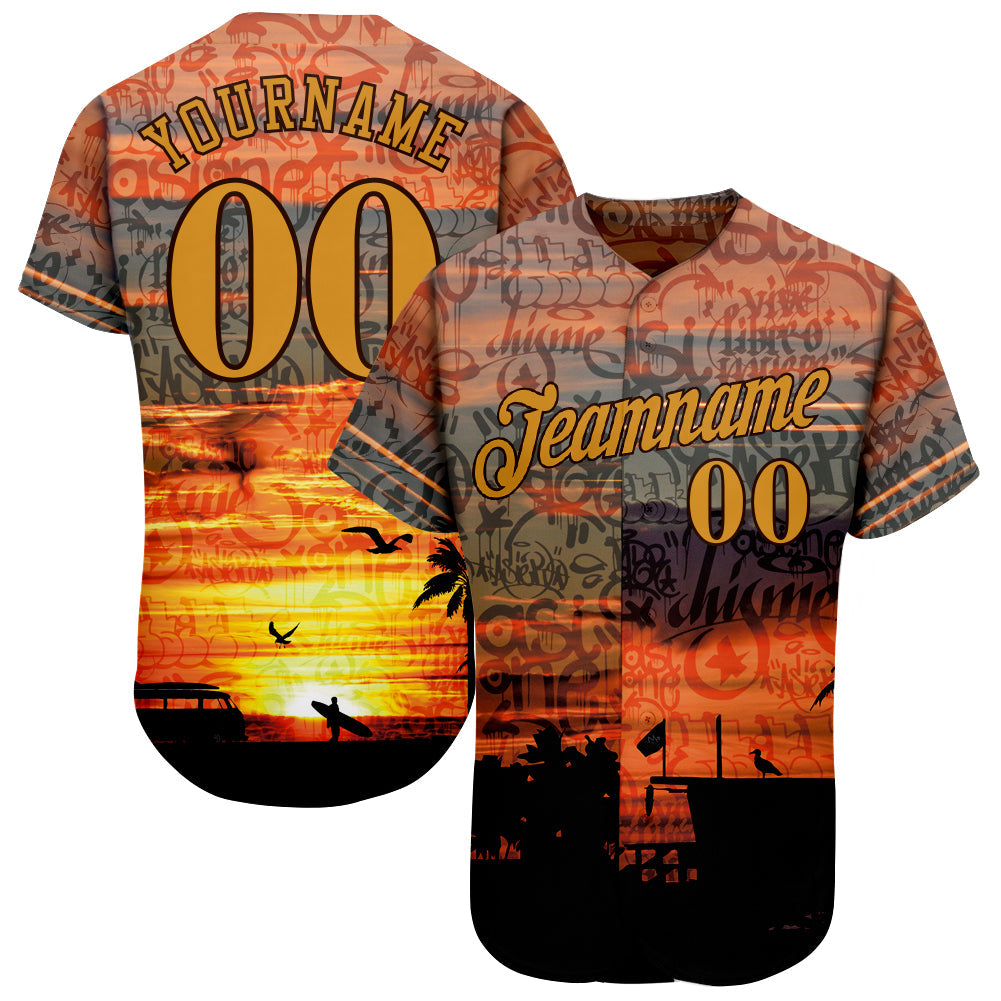 Custom Graffiti Pattern Gold-Brown 3D Beach Authentic Baseball Jersey - Sky-Custom