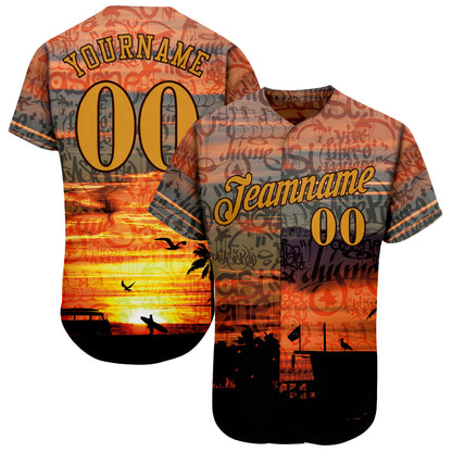 Custom Graffiti Pattern Gold-Brown 3D Beach Authentic Baseball Jersey - Sky-Custom