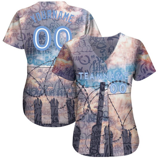 Custom Graffiti Pattern Light Blue-White 3D Freedom Authentic Baseball Jersey - Sky-Custom
