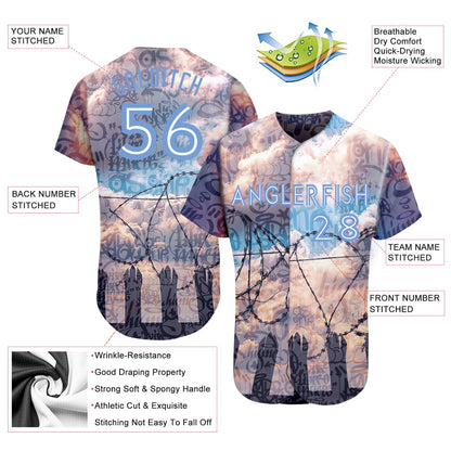 Custom Graffiti Pattern Light Blue-White 3D Freedom Authentic Baseball Jersey - Sky-Custom