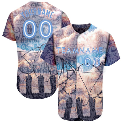 Custom Graffiti Pattern Light Blue-White 3D Freedom Authentic Baseball Jersey - Sky-Custom