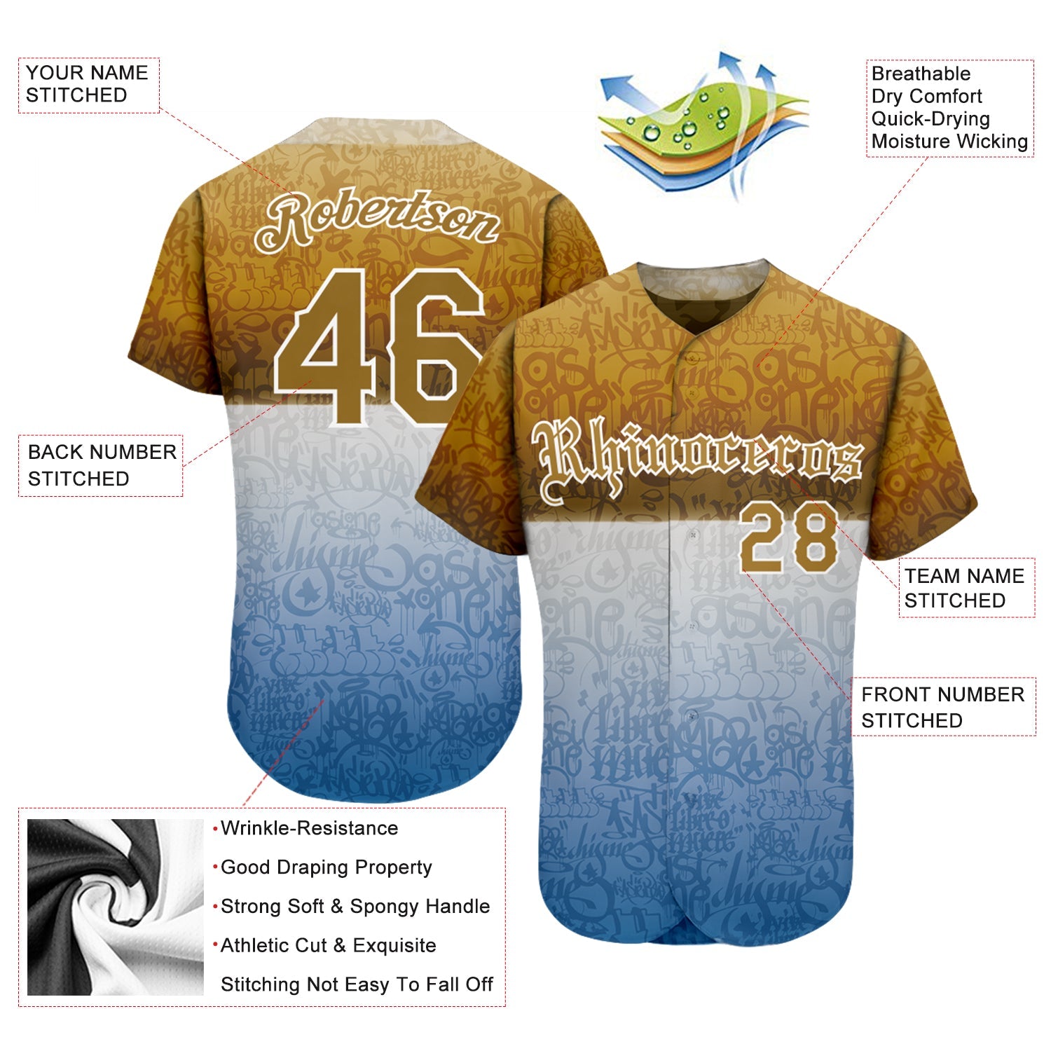 Custom Graffiti Pattern Gold-White 3D Chicano Authentic Baseball Jersey - Sky-Custom