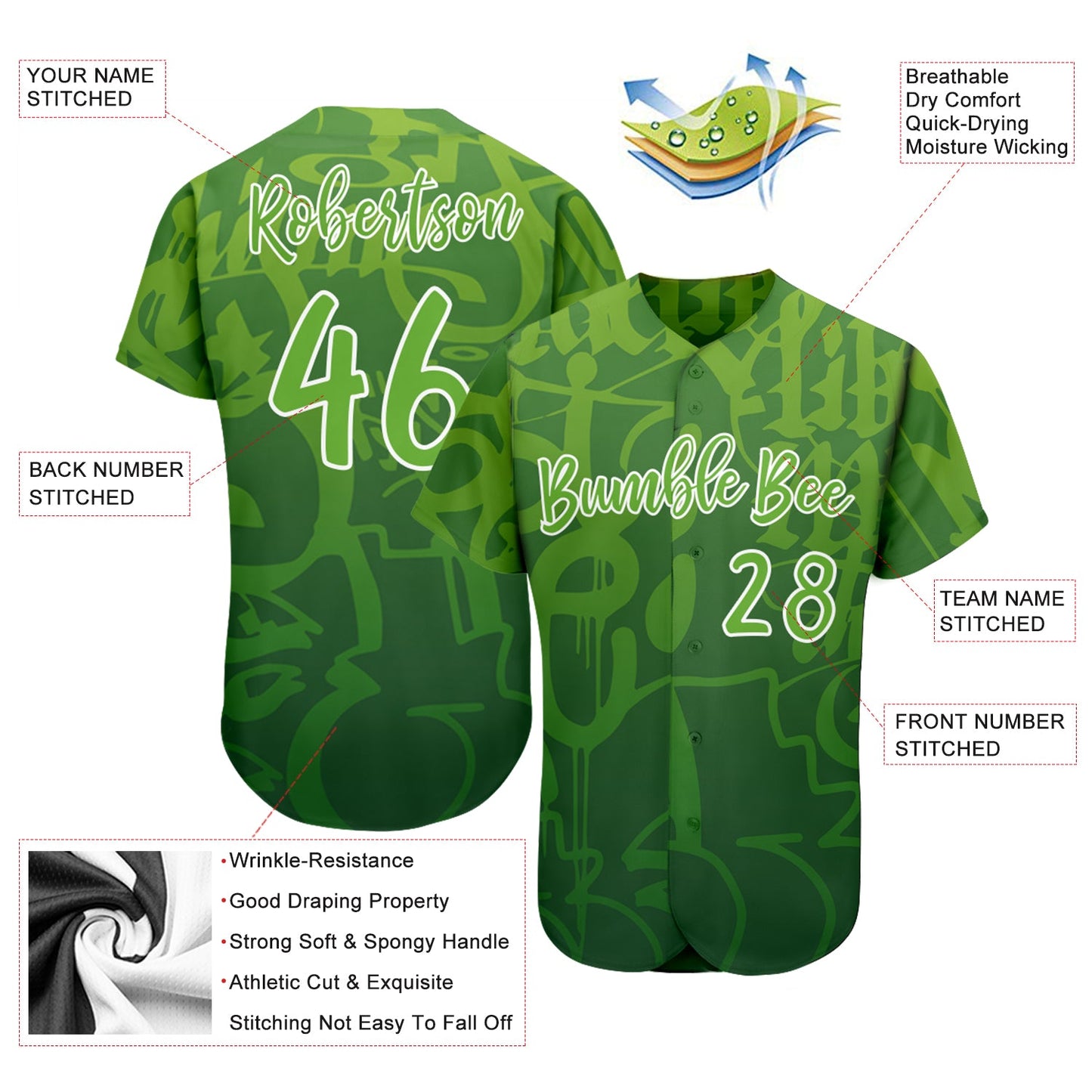 Custom Graffiti Pattern Green-White 3D Green Authentic Baseball Jersey - Sky-Custom