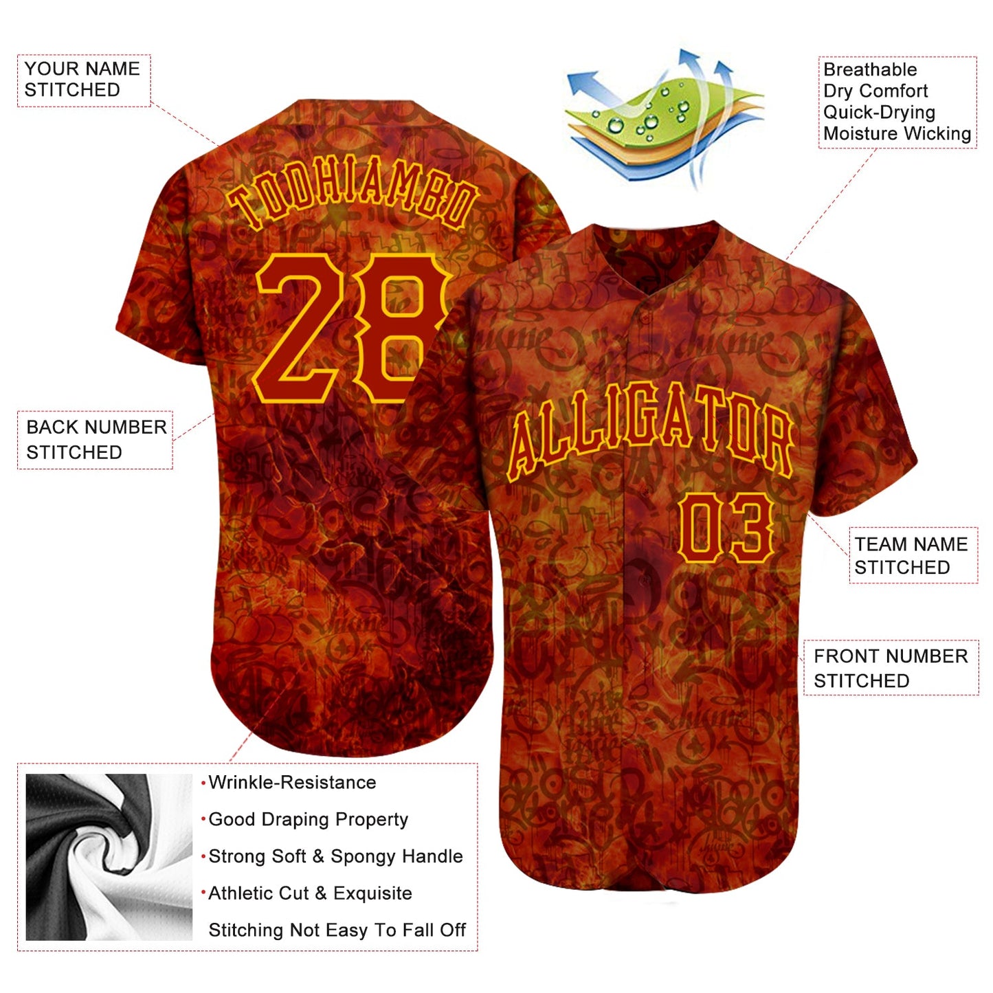Custom Graffiti Pattern Red-Gold 3D Fire Authentic Baseball Jersey - Sky-Custom