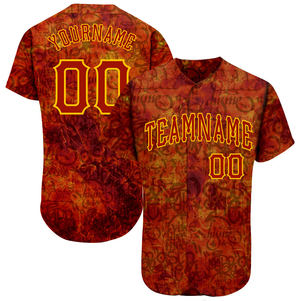 Custom Graffiti Pattern Red-Gold 3D Fire Authentic Baseball Jersey - Sky-Custom