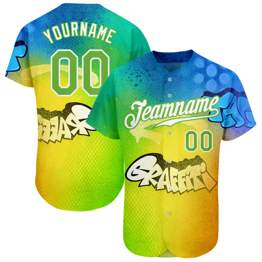 Custom Graffiti Pattern Neon Green-White 3D Authentic Baseball Jersey - Sky-Custom