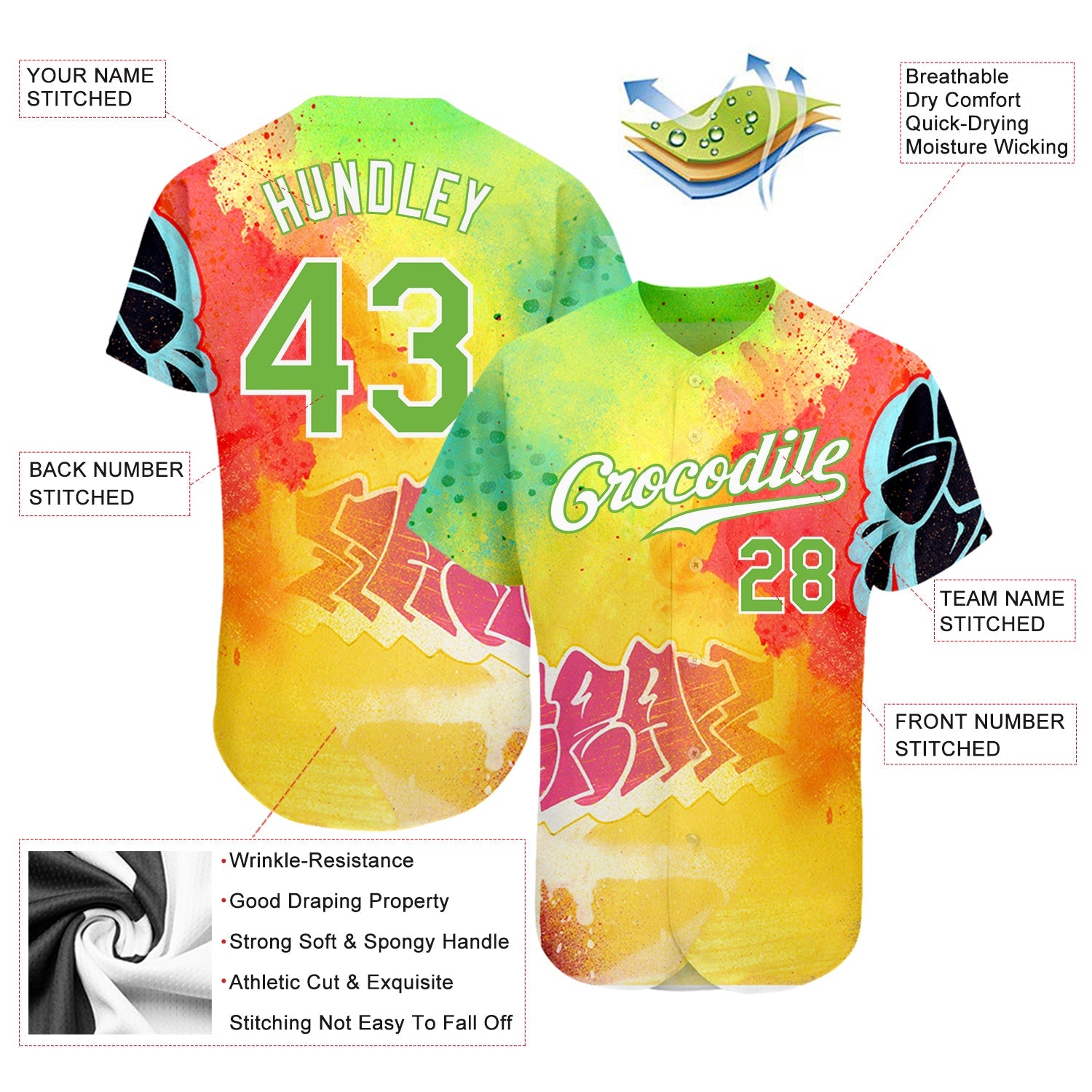 Custom Graffiti Pattern Neon Green-White 3D Authentic Baseball Jersey - Sky-Custom