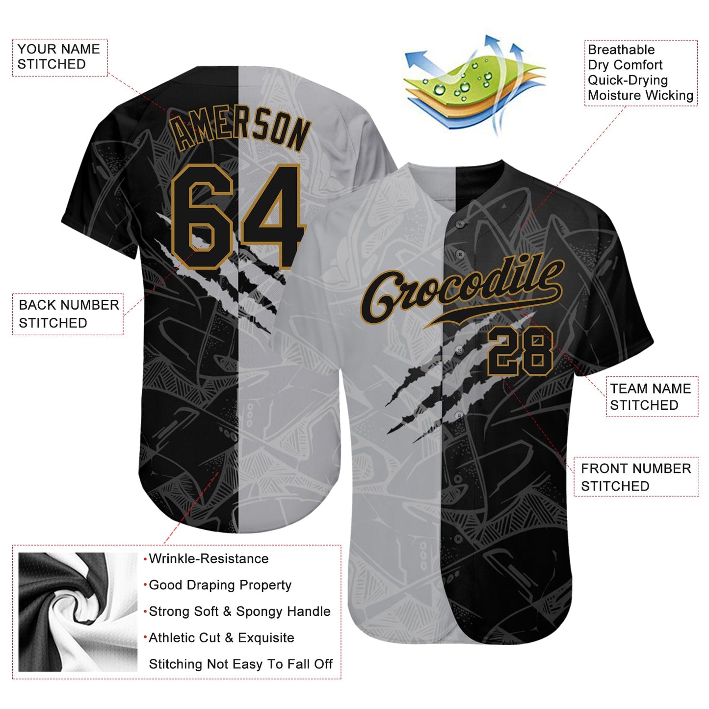 Custom Graffiti Pattern Black-Old Gold 3D Authentic Baseball Jersey - Sky-Custom