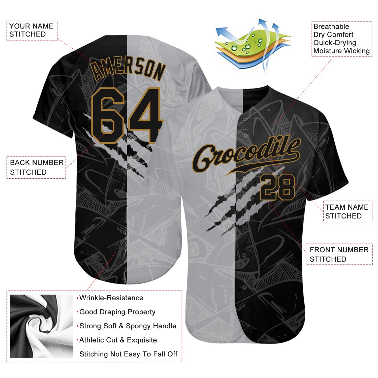 Custom Graffiti Pattern Black-Old Gold 3D Authentic Baseball Jersey - Sky-Custom
