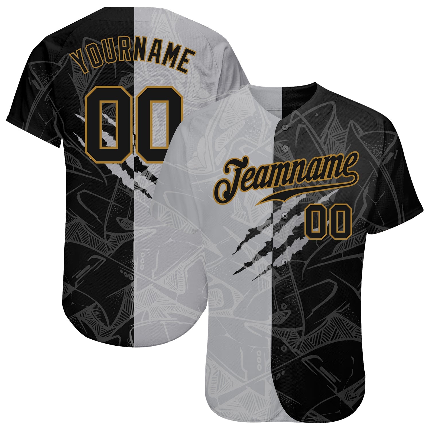 Custom Graffiti Pattern Black-Old Gold 3D Authentic Baseball Jersey - Sky-Custom