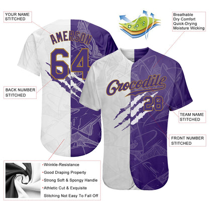 Custom Graffiti Pattern Purple-Old Gold 3D Authentic Baseball Jersey - Sky-Custom