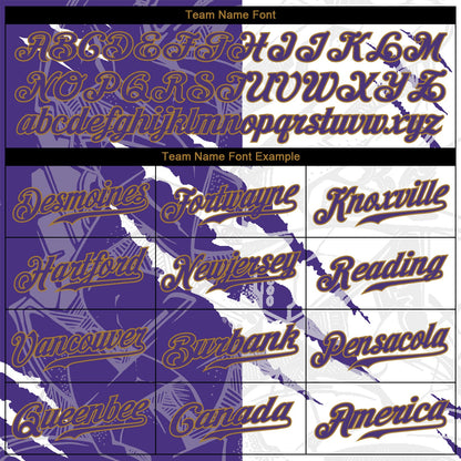 Custom Graffiti Pattern Purple-Old Gold 3D Authentic Baseball Jersey - Sky-Custom