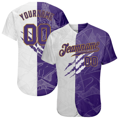 Custom Graffiti Pattern Purple-Old Gold 3D Authentic Baseball Jersey - Sky-Custom