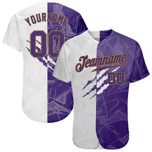 Custom Graffiti Pattern Purple-Old Gold 3D Authentic Baseball Jersey - Sky-Custom