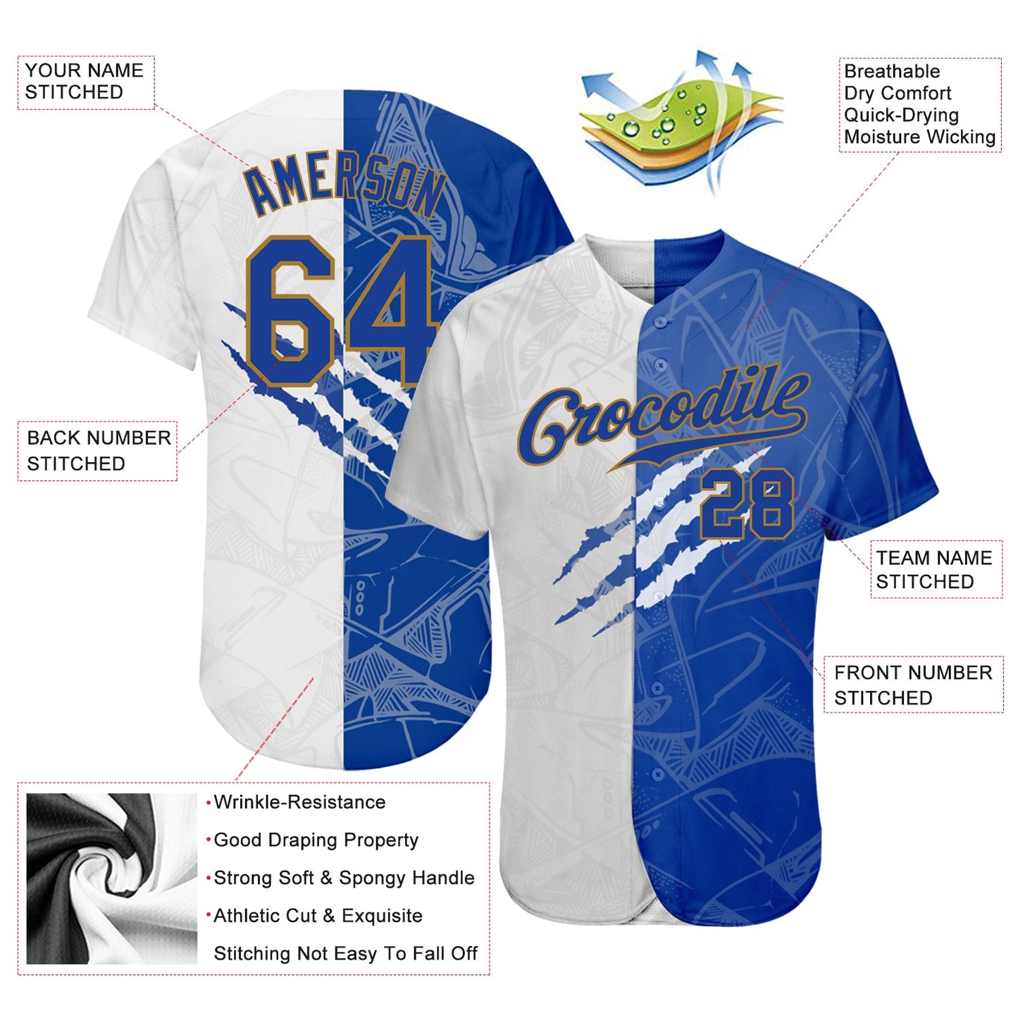 Custom Graffiti Pattern Royal-Old Gold 3D Authentic Baseball Jersey - Sky-Custom