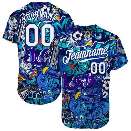 Custom Graffiti Pattern White-Royal 3D Authentic Baseball Jersey - Sky-Custom