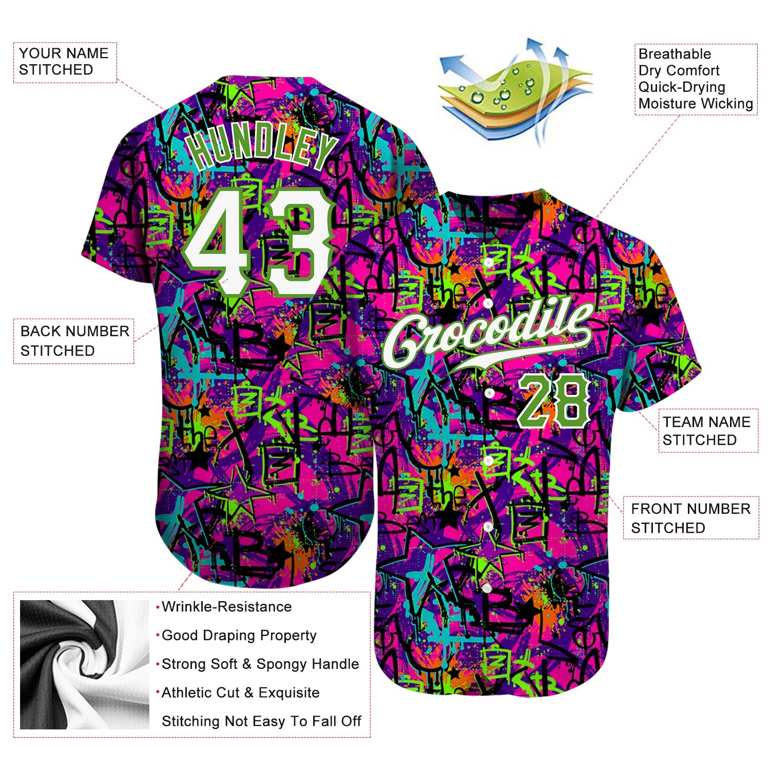Custom Graffiti Pattern White-Neon Green 3D Authentic Baseball Jersey - Sky-Custom