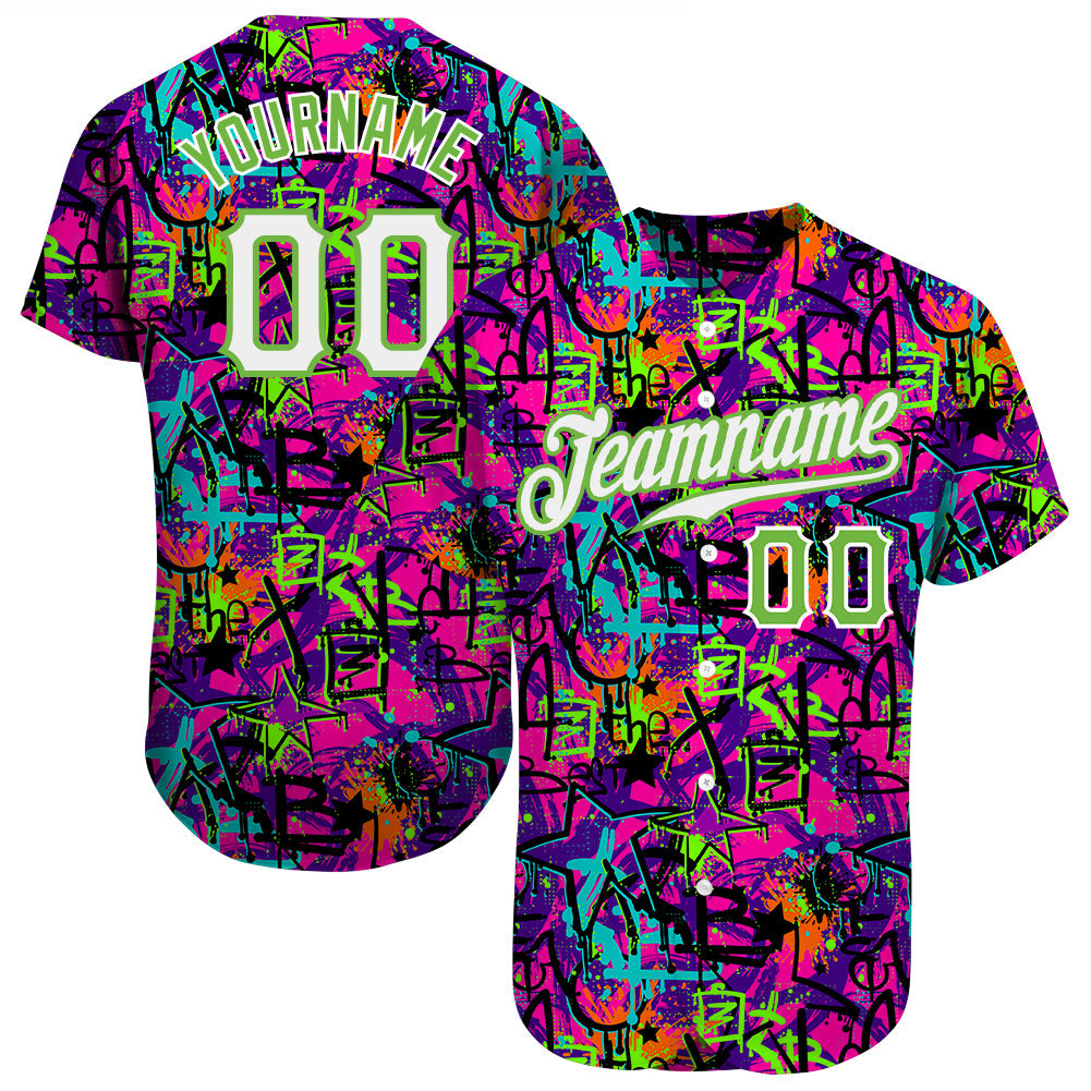 Custom Graffiti Pattern White-Neon Green 3D Authentic Baseball Jersey - Sky-Custom