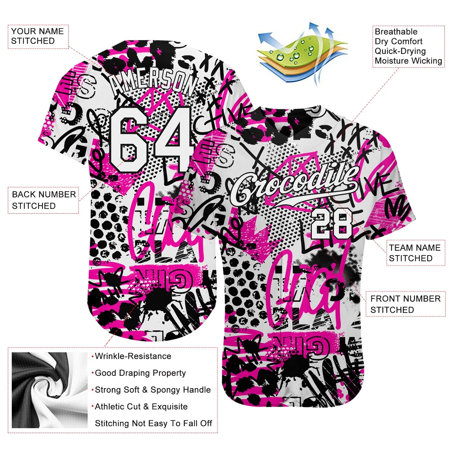 Custom Graffiti Pattern White-Black 3D Authentic Baseball Jersey - Sky-Custom