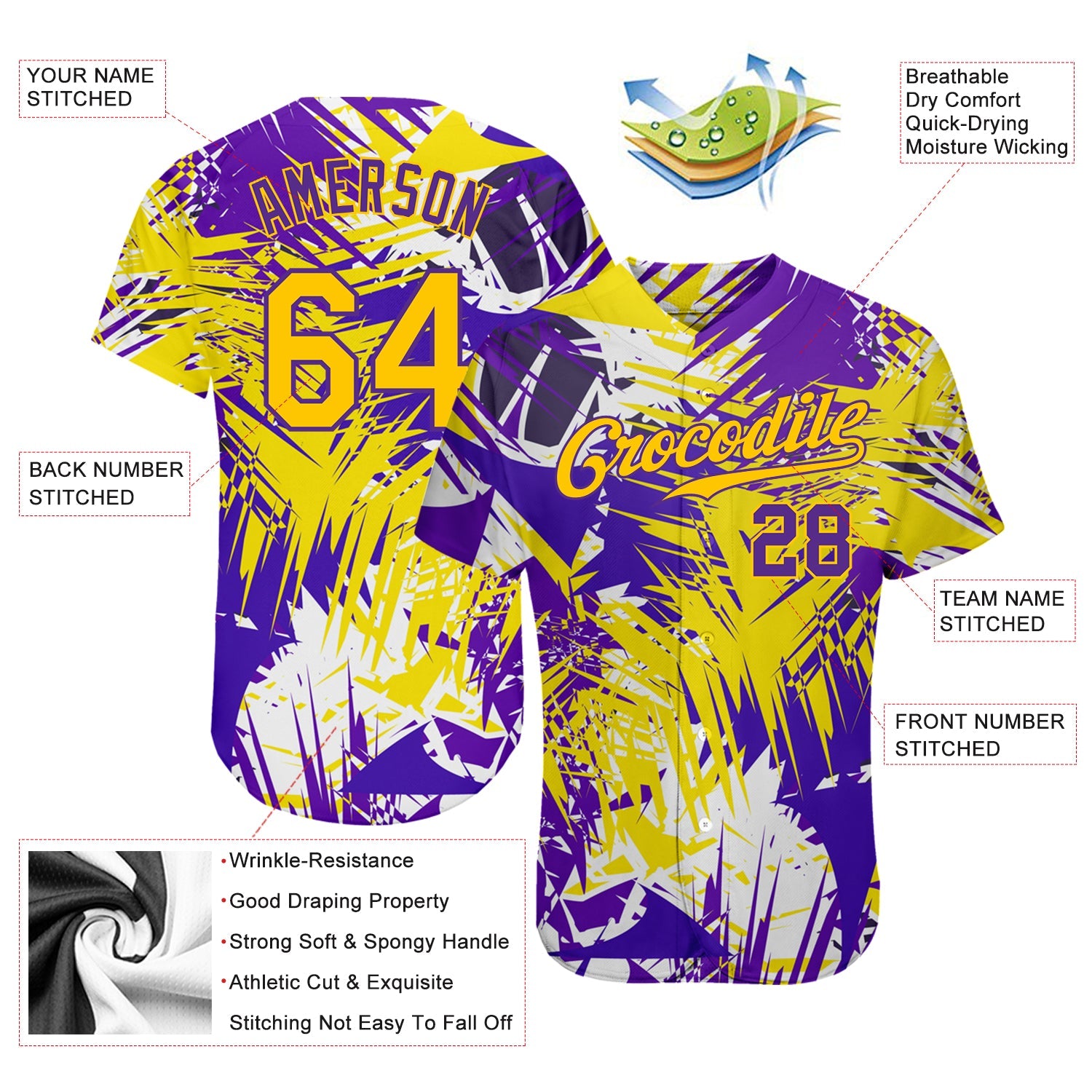 Custom Graffiti Pattern Gold-Purple 3D Authentic Baseball Jersey - Sky-Custom