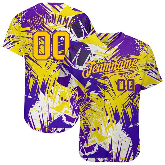 Custom Graffiti Pattern Gold-Purple 3D Authentic Baseball Jersey - Sky-Custom