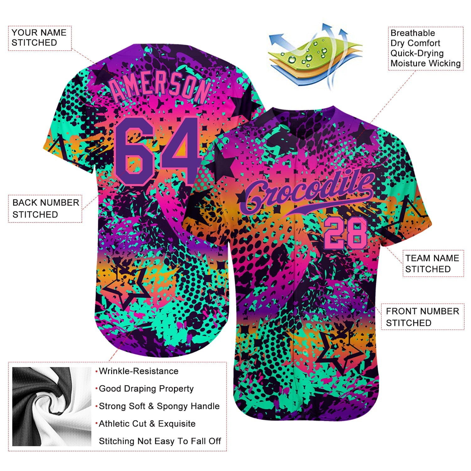 Custom Graffiti Pattern Purple-Pink 3D Authentic Baseball Jersey - Sky-Custom