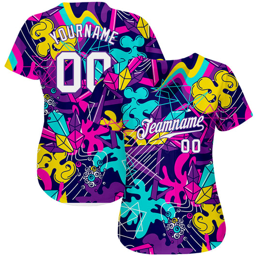 Custom Graffiti Pattern White-Purple 3D Authentic Baseball Jersey - Sky-Custom