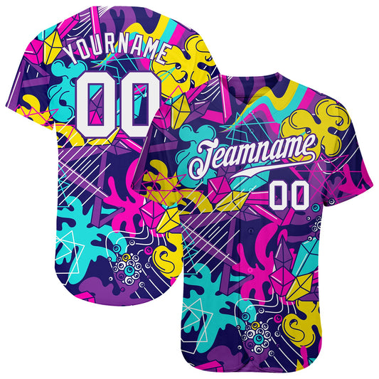 Custom Graffiti Pattern White-Purple 3D Authentic Baseball Jersey - Sky-Custom