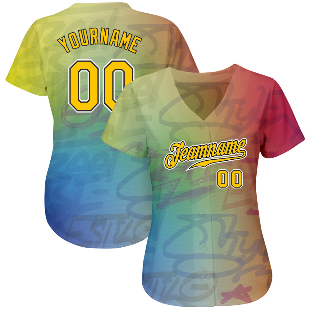 Custom Graffiti Pattern Gold-Black 3D Authentic Baseball Jersey - Sky-Custom