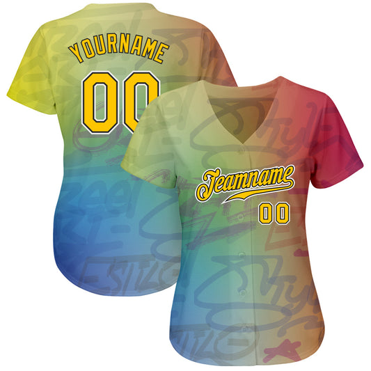 Custom Graffiti Pattern Gold-Black 3D Authentic Baseball Jersey - Sky-Custom