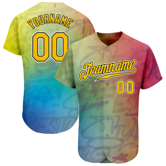 Custom Graffiti Pattern Gold-Black 3D Authentic Baseball Jersey - Sky-Custom
