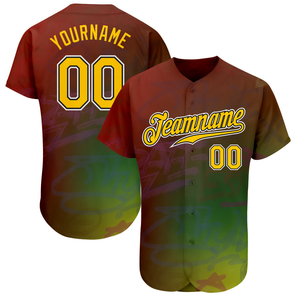 Custom Graffiti Pattern Gold-Black 3D Authentic Baseball Jersey - Sky-Custom