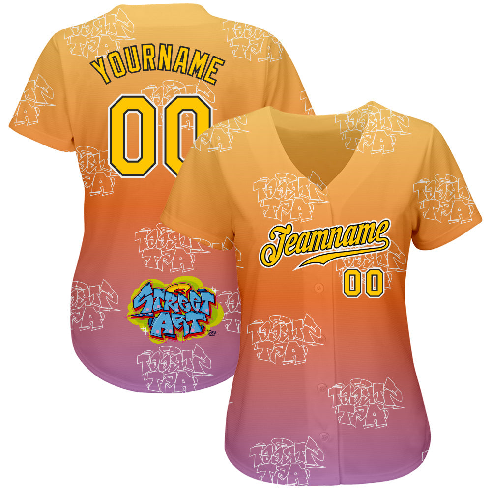 Custom Graffiti Pattern Gold-Black 3D Authentic Baseball Jersey - Sky-Custom