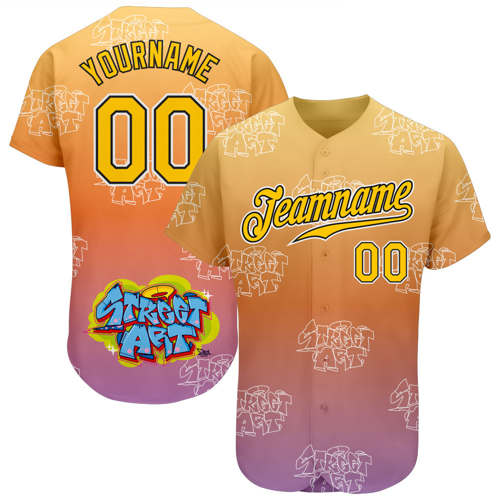 Custom Graffiti Pattern Gold-Black 3D Authentic Baseball Jersey - Sky-Custom