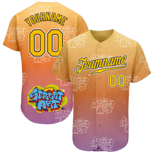 Custom Graffiti Pattern Gold-Black 3D Authentic Baseball Jersey - Sky-Custom
