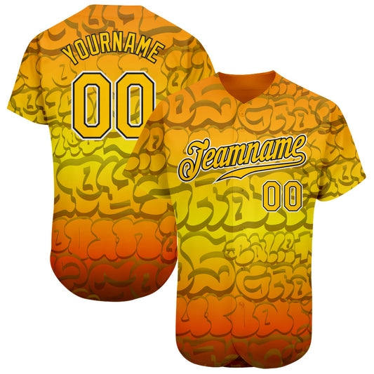 Custom Graffiti Pattern Gold-Black 3D Authentic Baseball Jersey - Sky-Custom
