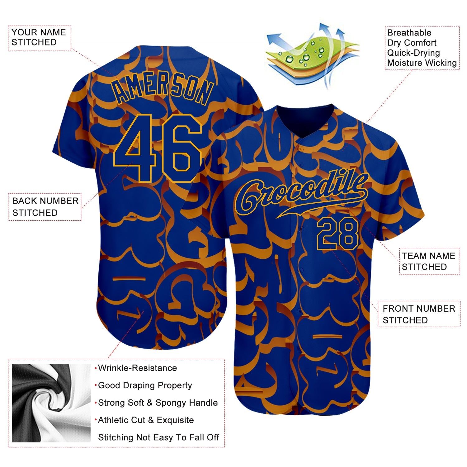 Custom Graffiti Pattern Royal-Gold 3D Authentic Baseball Jersey - Sky-Custom